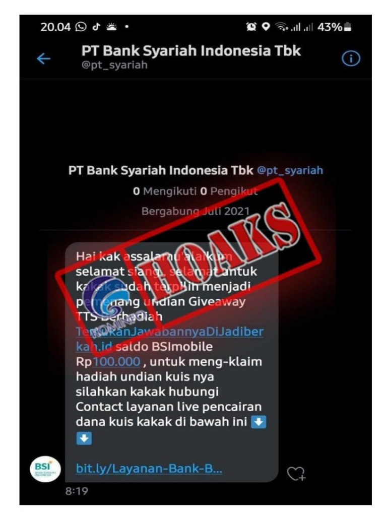 [HOAKS] Pemenang Undian Giveaway TTS Berhadiah Mengatasnamakan BSI